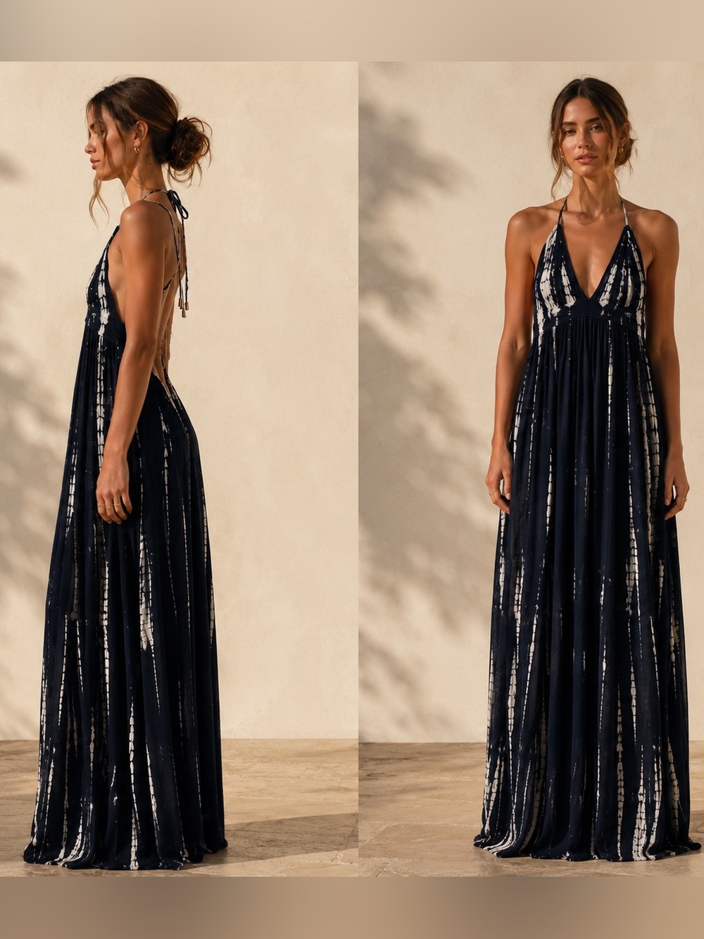 Promesa Navy Blue & White Tie-Dye Smocked Maxi Dress Size L